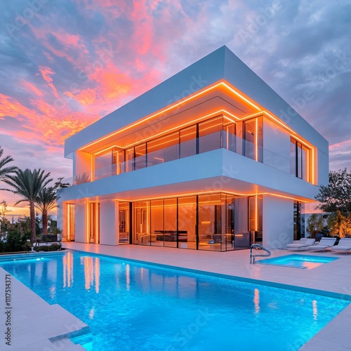 A luxurious tropical villa with a stunning swimming pool, featuring glowing LED lights, offering an exclusive, upscale hotel-like experience, perfect for those seeking a premium lifestyle and top-tier photo