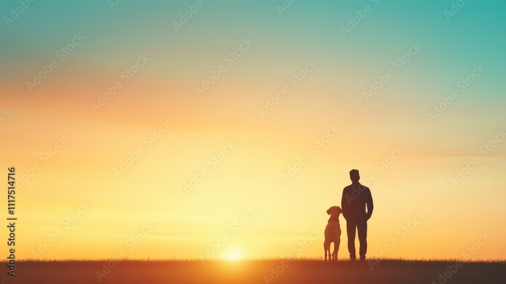 A silhouette of a person and a dog at sunset, standing together against a vibrant sky, symbolizing companionship and tranquility. A silhouette of a person and a dog at sunset, standing together against a vibrant sky, symbolizing companionship and tranquility.