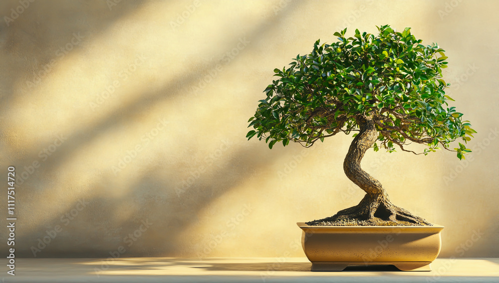 A bonsai tree in a decorative pot on a wooden table with copy space A bonsai tree in a decorative pot on a wooden table with copy space