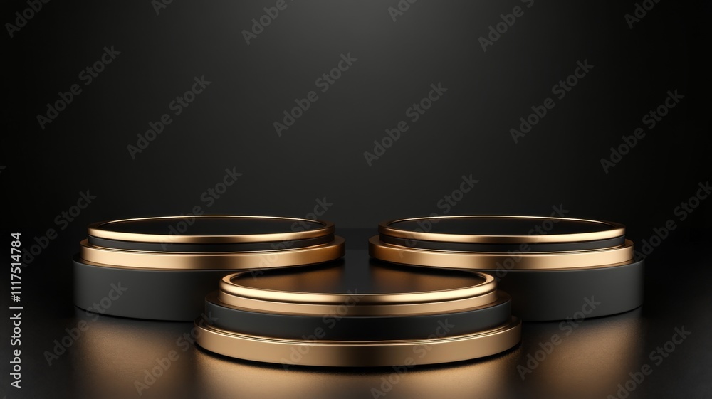 Three Black and Gold Circular Pedestals on a Black Background Three Black and Gold Circular Pedestals on a Black Background