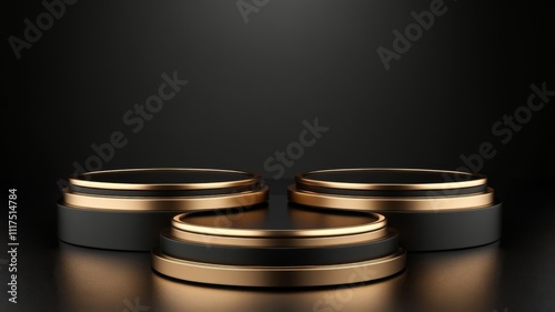 Three Black and Gold Circular Pedestals on a Black Background