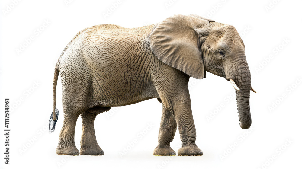 Fototapeta premium A majestic elephant stands gracefully on a white background, showcasing its wrinkled skin and large ears.