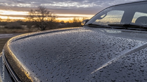 Water droplets on a dark gray car hood at sunrise. photo