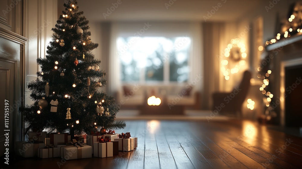 A cozy Christmas scene featuring a decorated tree and gifts in a warm living room. A cozy Christmas scene featuring a decorated tree and gifts in a warm living room.