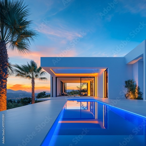 A luxurious tropical villa with a stunning swimming pool  featuring glowing LED lights  offering an exclusive  upscale hotel-like experience  perfect for those seeking a premium lifestyle and top-tier