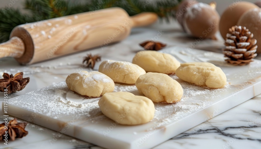 Cozy kitchen scene preparing traditional christmas cookies with soft dough and festive decor Cozy kitchen scene preparing traditional christmas cookies with soft dough and festive decor