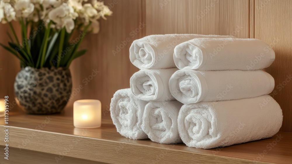 A neat stack of clean, white towels folded and arranged on a wooden shelf in a spa setting. A neat stack of clean, white towels folded and arranged on a wooden shelf in a spa setting.