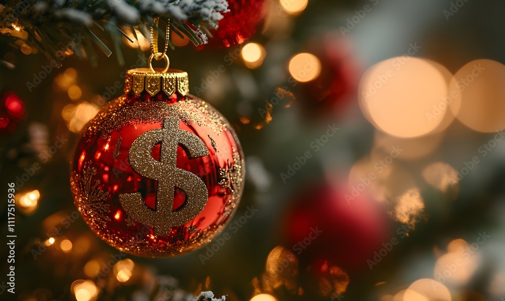 Dollar Symbol Ornament on Christmas Tree Highlighting Holiday Expenses and Festive Costs Dollar Symbol Ornament on Christmas Tree Highlighting Holiday Expenses and Festive Costs