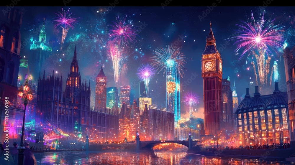 Fototapeta premium Festive London cityscape at night with fireworks reflecting on water.