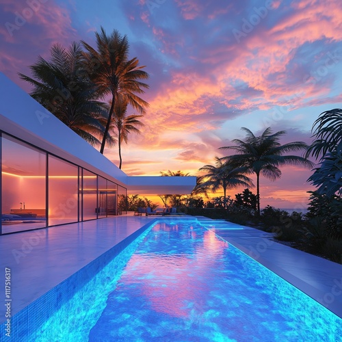 A luxurious tropical villa with a stunning swimming pool, featuring glowing LED lights, offering an exclusive, upscale hotel-like experience, perfect for those seeking a premium lifestyle and top-tier photo