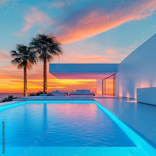 A luxurious tropical villa with a stunning swimming pool, featuring glowing LED lights, offering an exclusive, upscale hotel-like experience, perfect for those seeking a premium lifestyle and top-tier photo