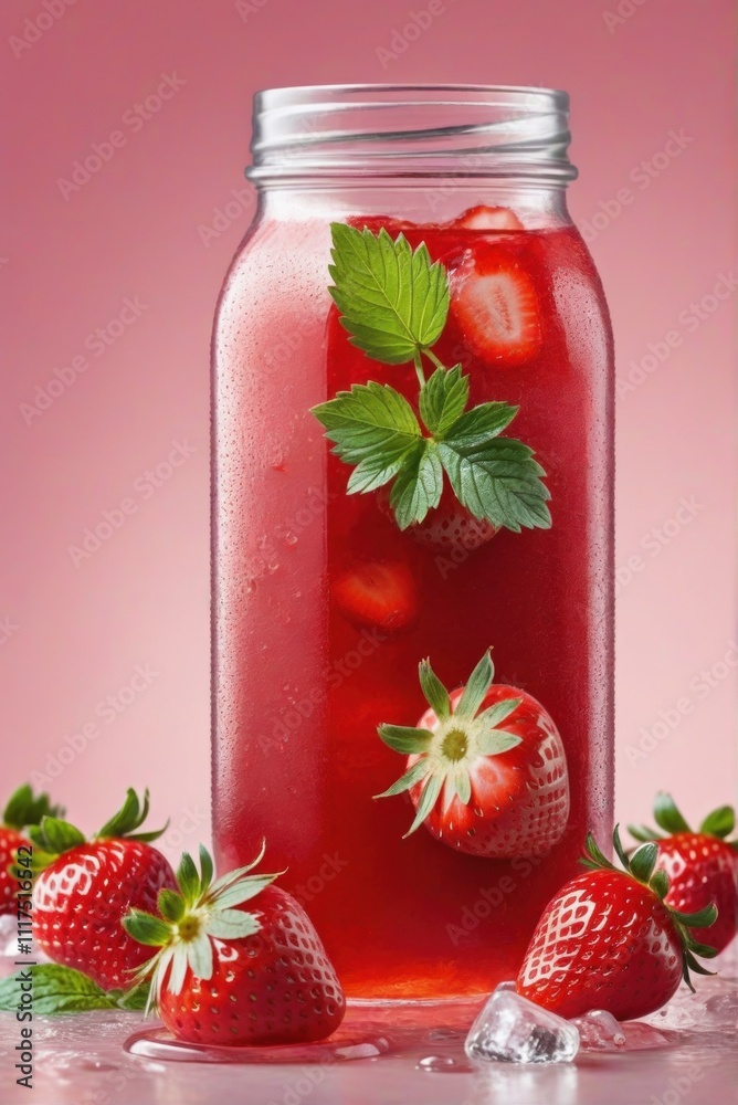 a jar of fresh strawberry juice with whole and sliced strawberries immersed in the drink. a jar of fresh strawberry juice with whole and sliced strawberries immersed in the drink.