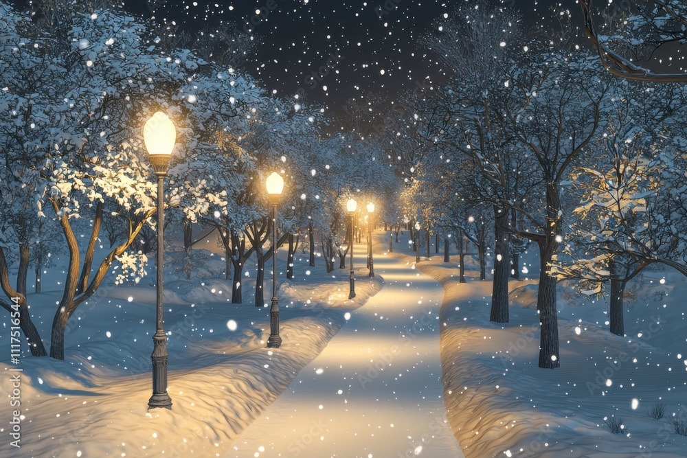 A serene winter night scene with snow, street lamps, and a peaceful pathway. A serene winter night scene with snow, street lamps, and a peaceful pathway.