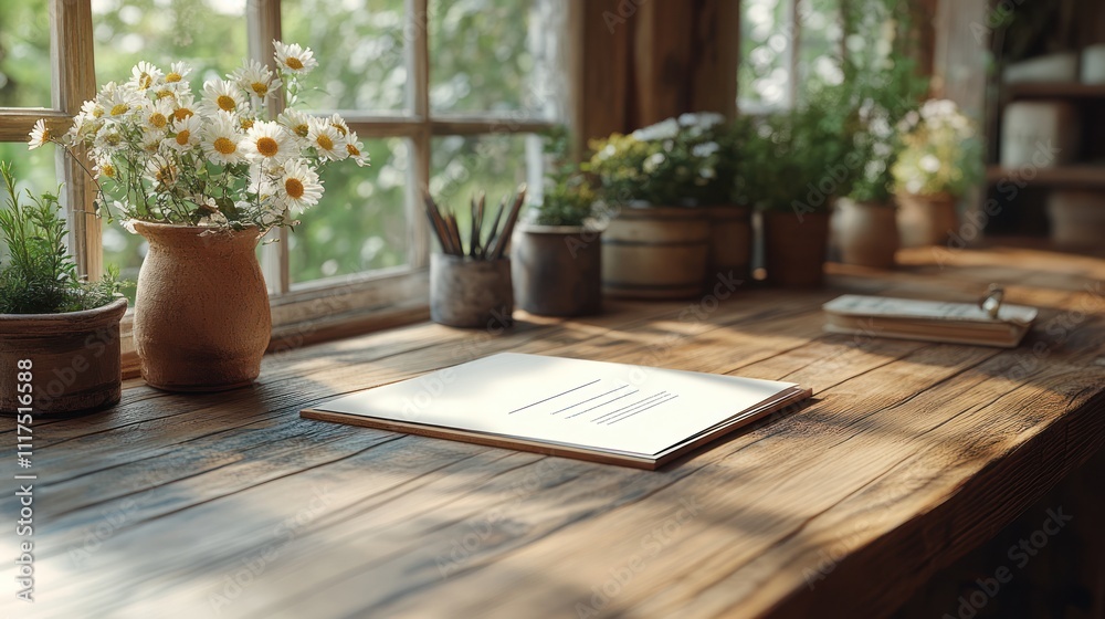 Rustic window sill with sketchbook, flowers, and pencils in sunlight. Rustic window sill with sketchbook, flowers, and pencils in sunlight.