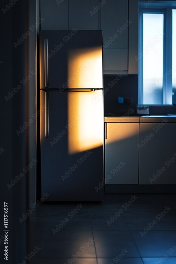Sleek and Minimalist Dark Kitchen with Lit Refrigerator Sleek and Minimalist Dark Kitchen with Lit Refrigerator