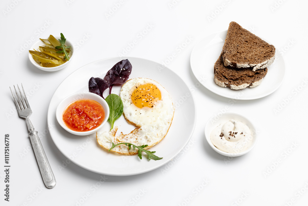 Fried egg on the plate, pickled cucumbers and bread, Fried egg on the plate, pickled cucumbers and bread,