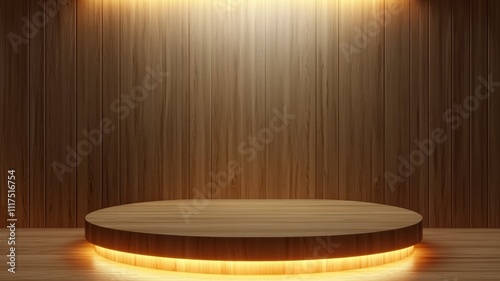 Illuminated Wooden Platform Against a Wooden Wall