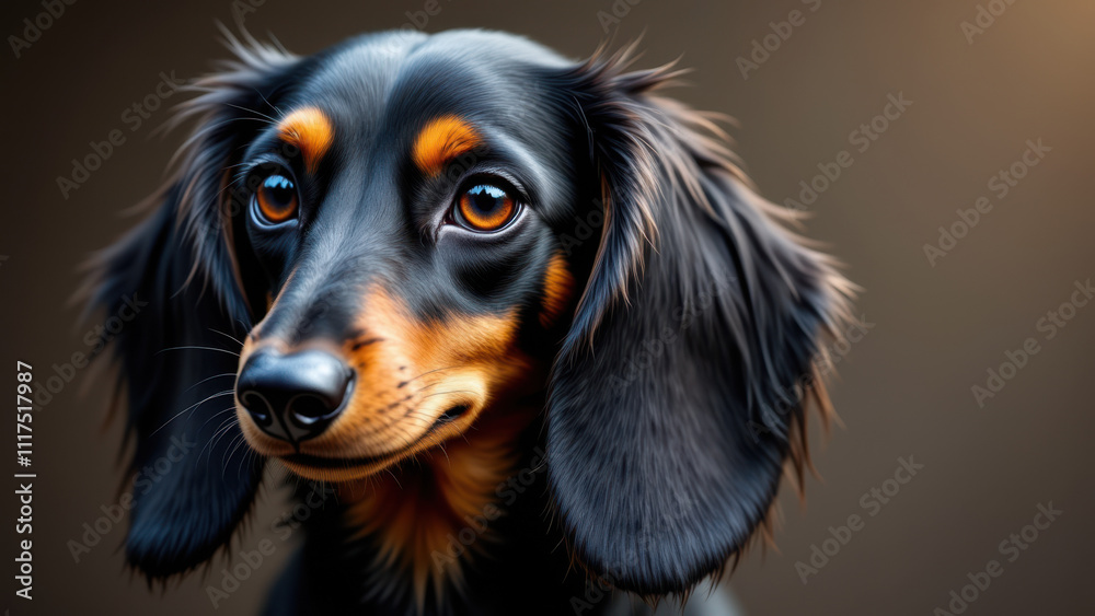 This is a close-up photograph of a long-haired Dachshund with expressive eyes and floppy ears. This is a close-up photograph of a long-haired Dachshund with expressive eyes and floppy ears.