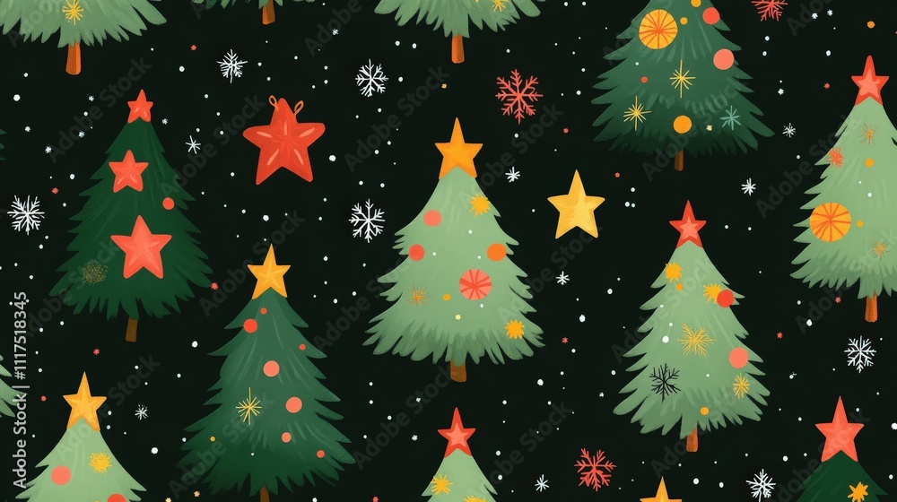 Festive Christmas Trees Pattern Decorated With Stars And Snow