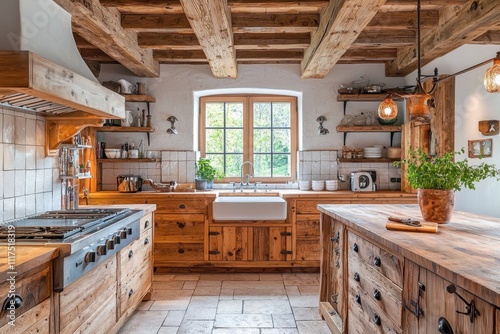 Rustic kitchen with exposed beams and vintage decor cozy country home interior design inspiration warm atmosphere natural light traditional aesthetic for modern living