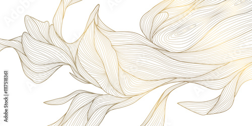 Vector gold leaf pattern, luxury flower pattern, japanese botanical illustration, line wave drawing. Plant ornament, wallpaper, spring element