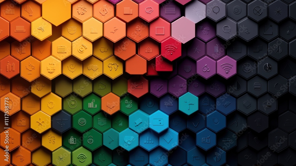 A vibrant, colorful background composed of overlapping hexagon shapes, each containing an icon representing different aspects of technology, signifying the diverse applications of digital innovation. A vibrant, colorful background composed of overlapping hexagon shapes, each containing an icon representing different aspects of technology, signifying the diverse applications of digital innovation.