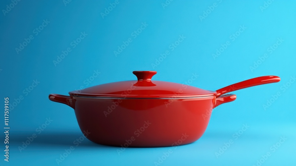 Red enameled cast iron pot with lid and handle against a blue background. Red enameled cast iron pot with lid and handle against a blue background.