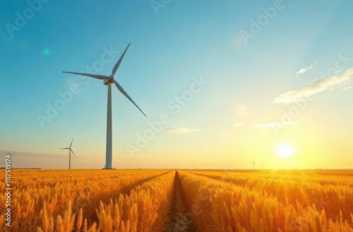 environmental care, green power, sustainability. reducing carbon footprints. wind turbine in golden field at sunrise. renewable energy, climate change efforts, eco-friendly technology.