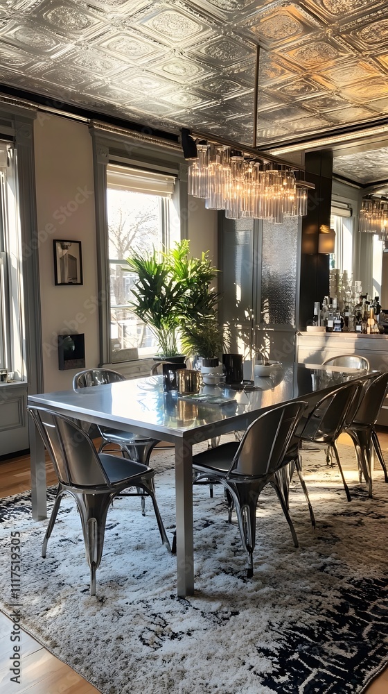 Naklejka premium 120. An elegant dining room showcasing stainless steel furniture and decor