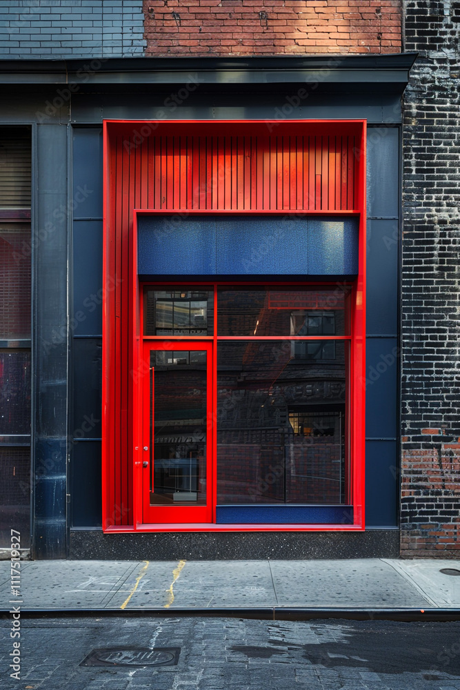 Obraz premium Contemporary storefront with red and blue elements, juxtaposed against a classic brick wall. The bright, detailed design adds a lively contrast to the urban backdrop