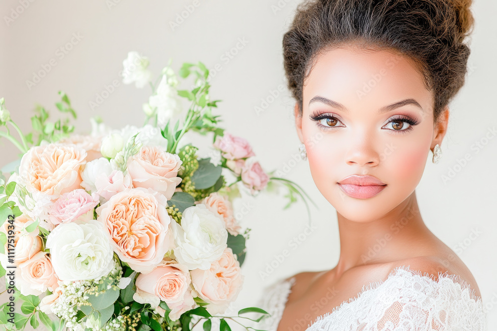 Naklejka premium Radiant bride holding soft pastel roses, symbolizing love, elegance, and new beginnings on her wedding day. 