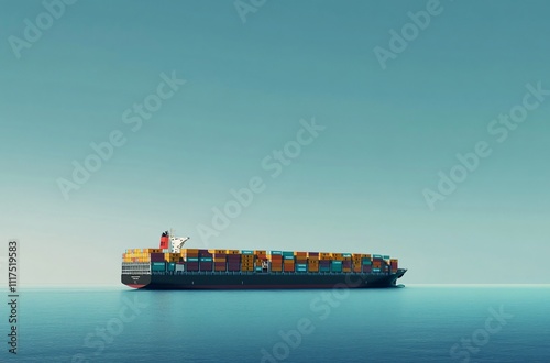 A cargo ship sailing across the vast ocean, symbolizing global trade and transportation, with containers stacked high, reflecting the essential role of shipping in the world's economy. photo