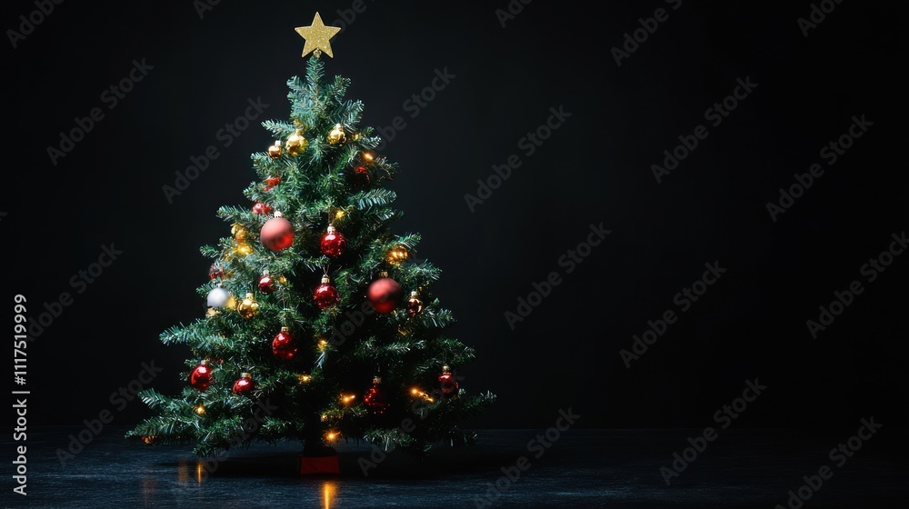 A decorated Christmas tree with lights and ornaments against a dark background.