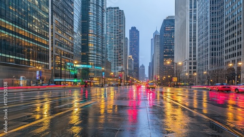 Rainslick City Street Reflecting Lights And Skyscrapers photo