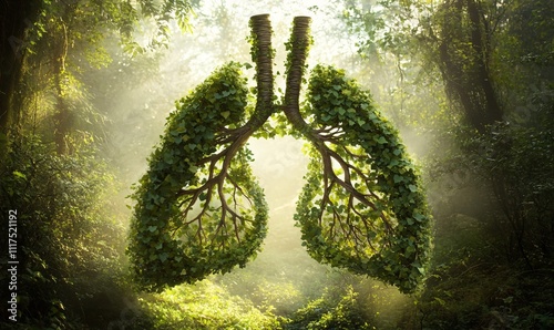 A creative representation of lungs made from tree leaves, symbolizing the connection between nature and health, highlighting the importance of breathing clean air and the impact of smoking on respirat photo