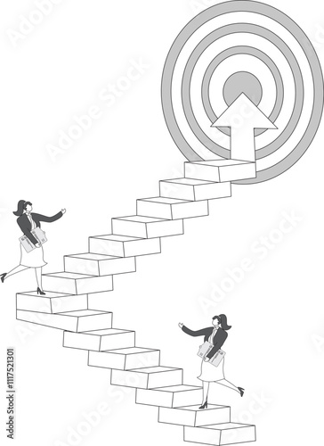 Business or professional goals, moving toward success, accomplishing a mission or goal, challenges in life or career, isometric businesswomen moving up the steps to the bullseye