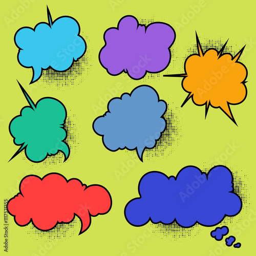 set of comic speech bubbles and elements balloon communication message set with black halftone shadows pop art style on isolated background