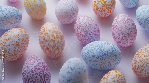 Decorated Easter Eggs in Pastel Colors and Intricate Designs