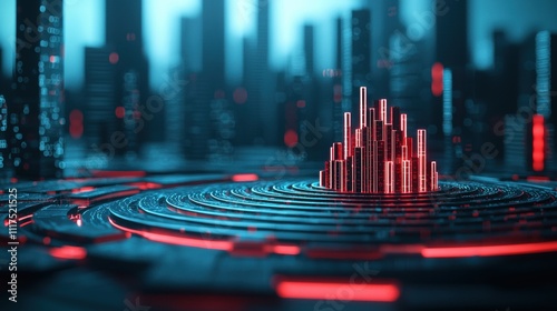 A layered security system depicted as concentric circles of digital shields, protecting a central network hub from unauthorized access and cyberattacks.