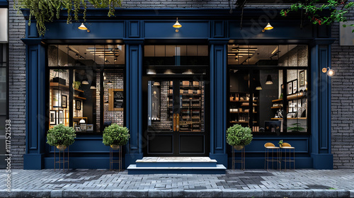 Elegant storefront in black and blue with chic detailing, set against a rustic brick wall. The bright and modern design creates a striking urban look