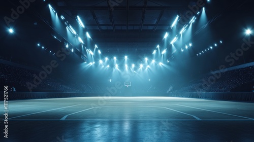 A dimly lit basketball court with dramatic lighting, ready for a game or event.