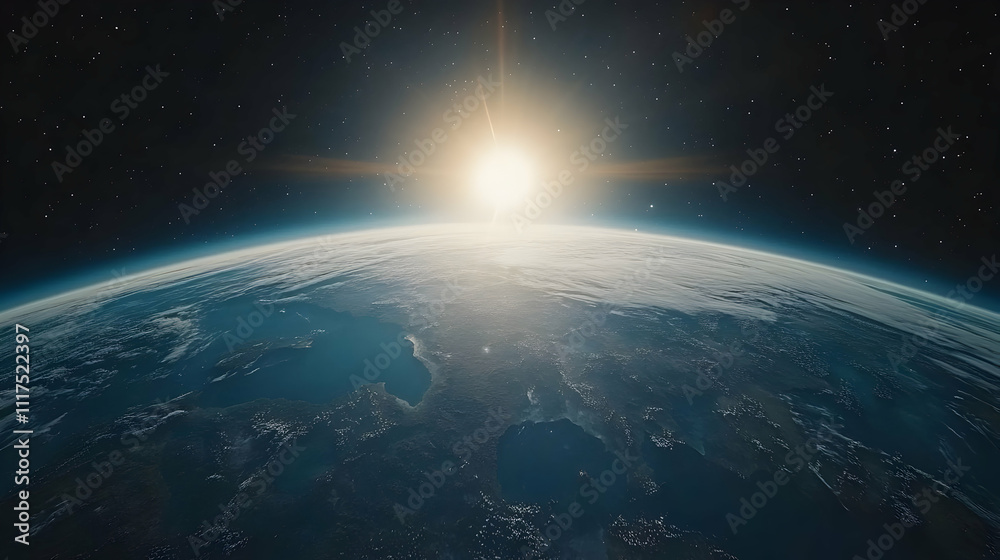 Fototapeta premium Stunning Earthrise Space Background Image - Planet Earth from Orbit, Sun Rays, Starry Sky