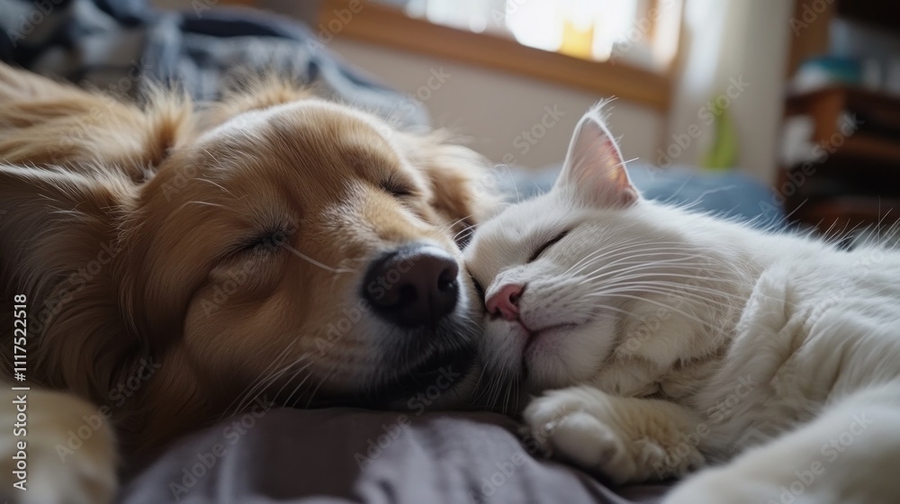 A dog and cat peacefully sleeping together on a bed. A dog and cat peacefully sleeping together on a bed.