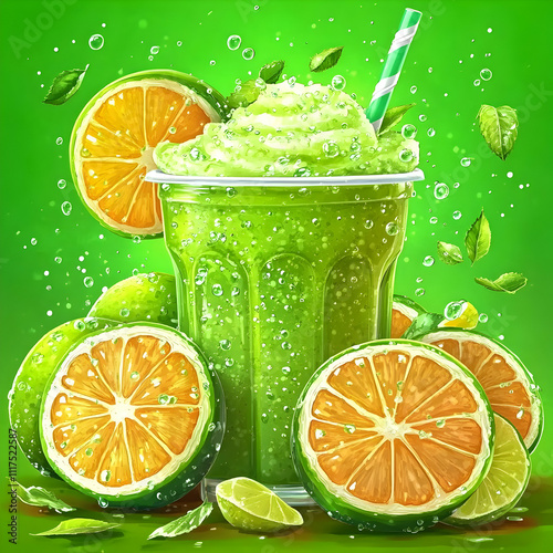 Refreshing Lime Smoothie Illustration with Juicy Citrus Fruit Slices