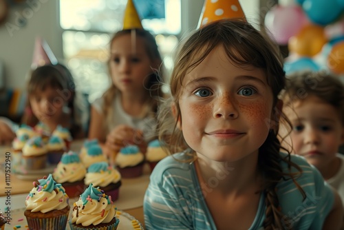 A joyful child celebrates a birthday with friends, surrounded by colorful cupcakes. photo