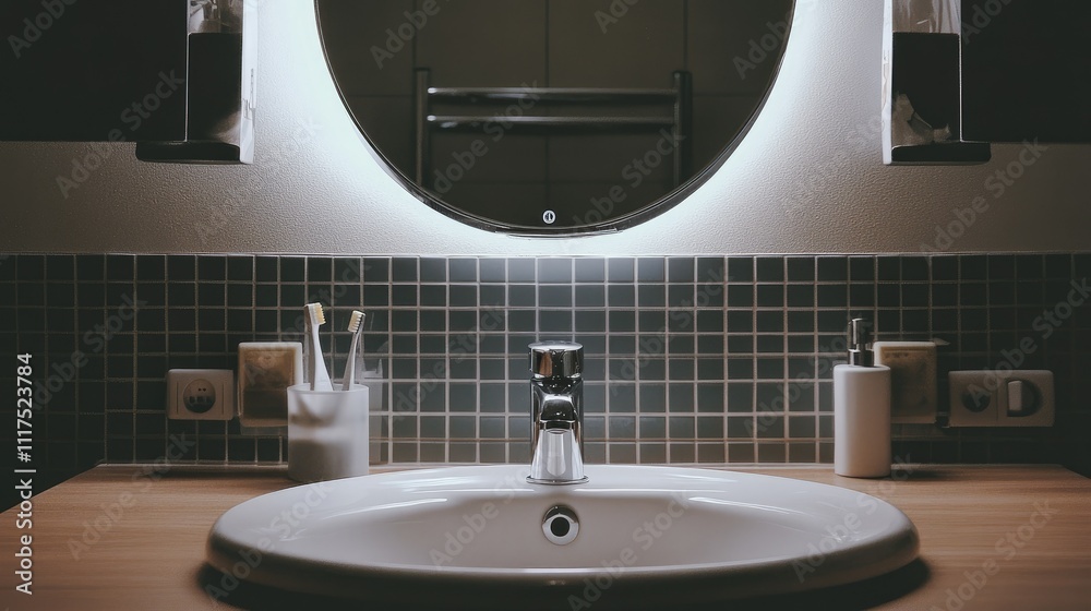 Fototapeta premium A simple round mirror hung above a bathroom sink, reflecting minimalist toiletries on the countertop