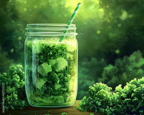 Refreshing Kale Smoothie Illustration: A Vibrant Green Drink in a Mason Jar
