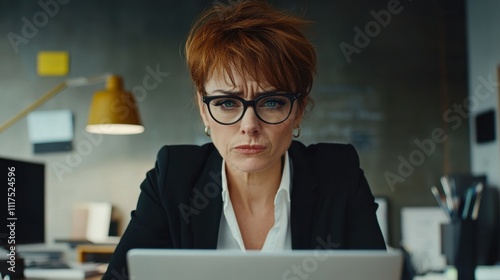 Businesswoman with poor eyesight squinting at laptop screen in office, struggling to focus, desk cluttered, modern office background, bright lighting, concentration, professional look