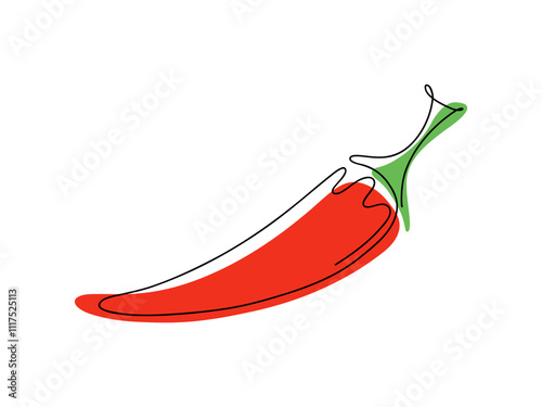 Red chili pepper, hand-drawn in one continuous line, isolated on a white background, vector. A decorative element for decorating menus, decorations, labels. Modern illustration of Cayenne pepper