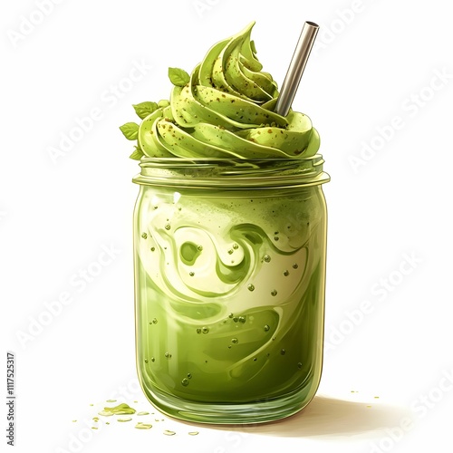 Refreshing Matcha Green Tea Frappe Illustration - Creamy Whipped Topping and Mason Jar